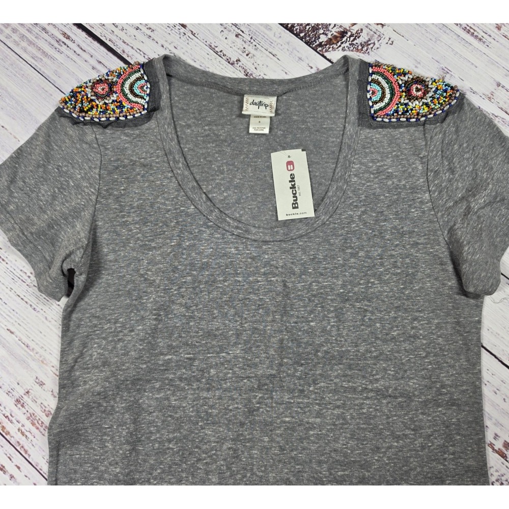 Daytrip‎ T-Shirt Womens Small Gray NWT Beaded Shoulder Scoop Neck Short Sleeve